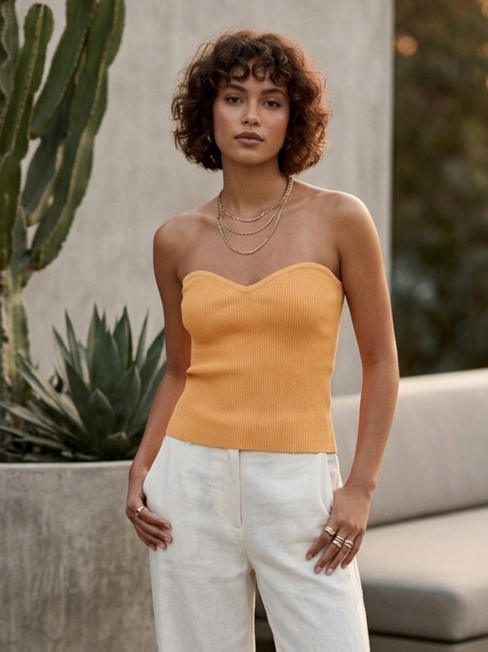 Babaton Strapless Ribbed Top in Mustard
